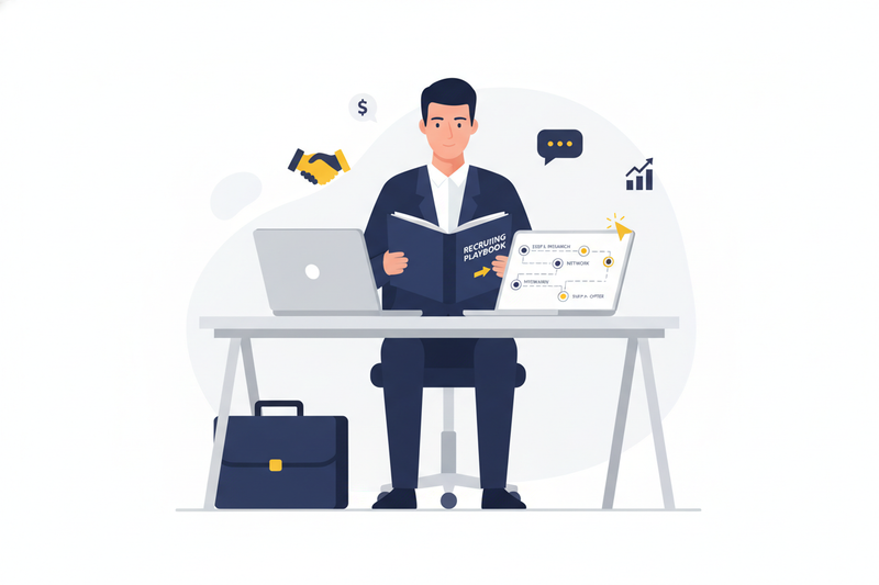 Create a clean, modern flat-style illustration that represents “Recruiting Playbooks & Guides” for finance careers. Show a young professional reading a playbook or guidebook at a desk, with a laptop and a checklist or roadmap on the screen. Include subtle finance and career elements such as a briefcase, networking icons, or a step-by-step roadmap. Use a minimal color palette with navy blue, white, light grey, and a small pop of yellow. The style should match a premium finance education brand — polished, mod