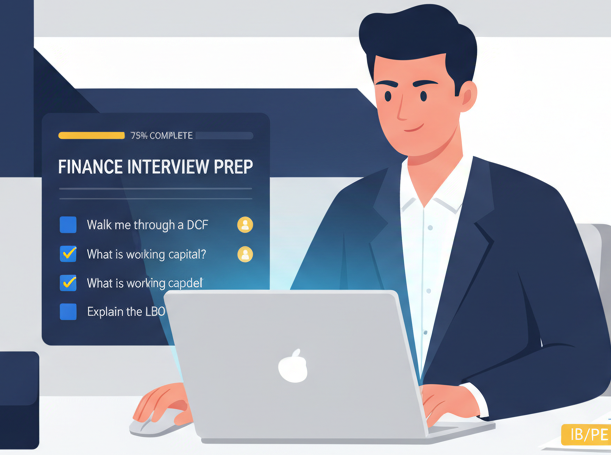 Improve this illustration by making it clearly related to finance interview prep. Show a young professional at a desk with a laptop open displaying an interview question bank interface with checkboxes, questions, and a progress bar. Add subtle finance elements like a briefcase icon, charts, or IB/PE references in a clean and modern way. Keep the same flat illustration style with a navy blue, white, grey, and yellow color palette. Maintain a premium, clean look with no childish or cartoonish style.
